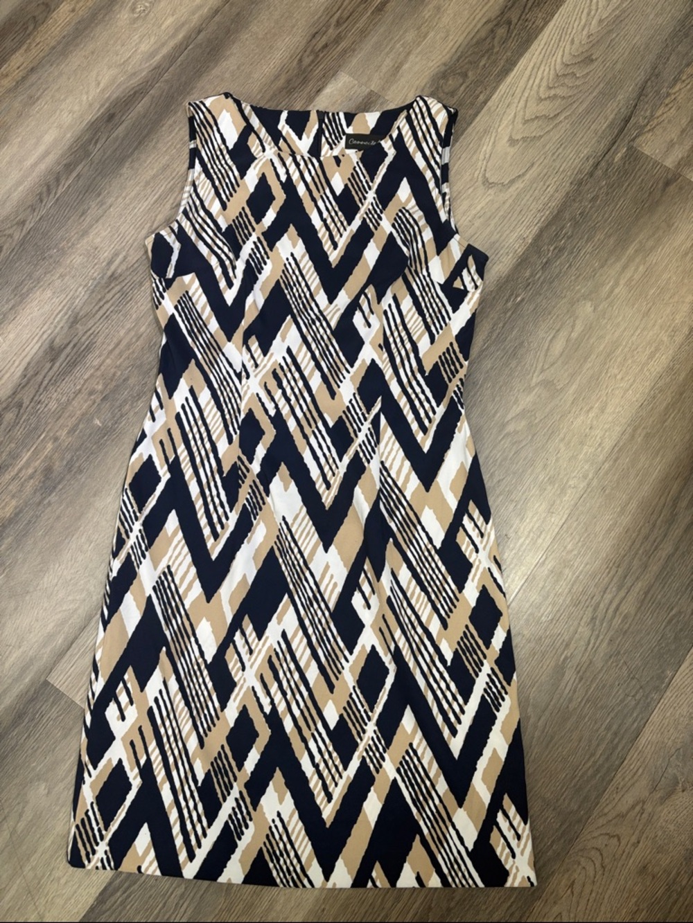 Sleeveless Navy, Tan & White Geometric Midi Dress